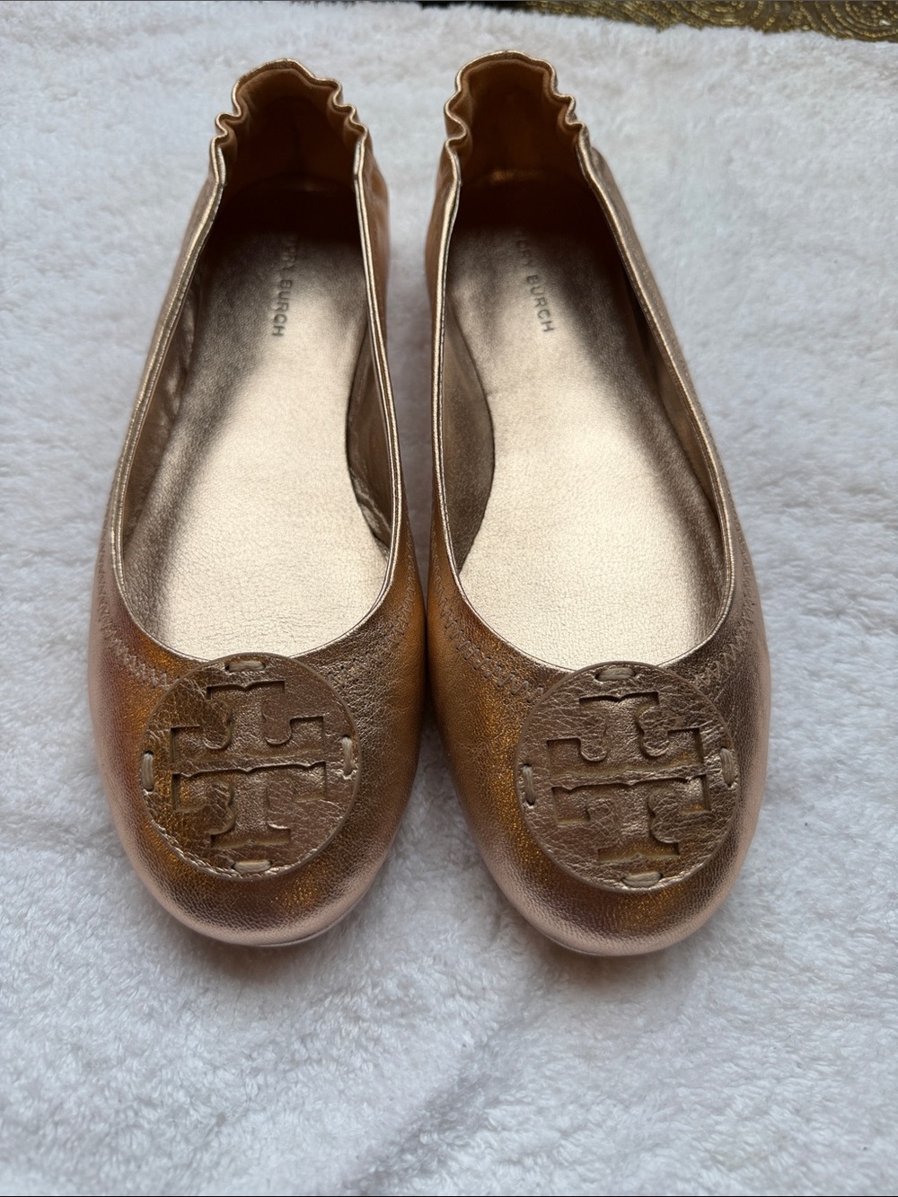 Tory Burch Rose Gold Leather Logo Ballet Flats